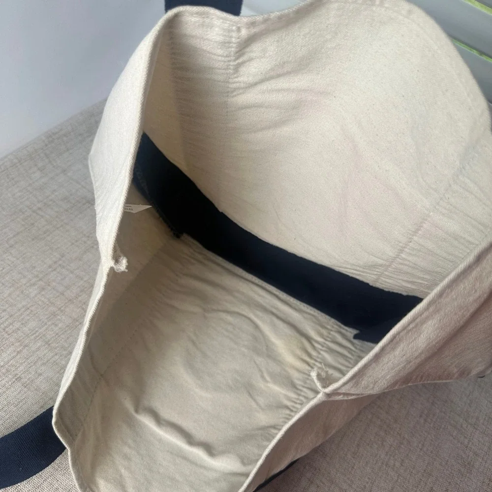 Trader Joe's Canvas Boat Tote Bag Navy & Natural Embroidered Logo